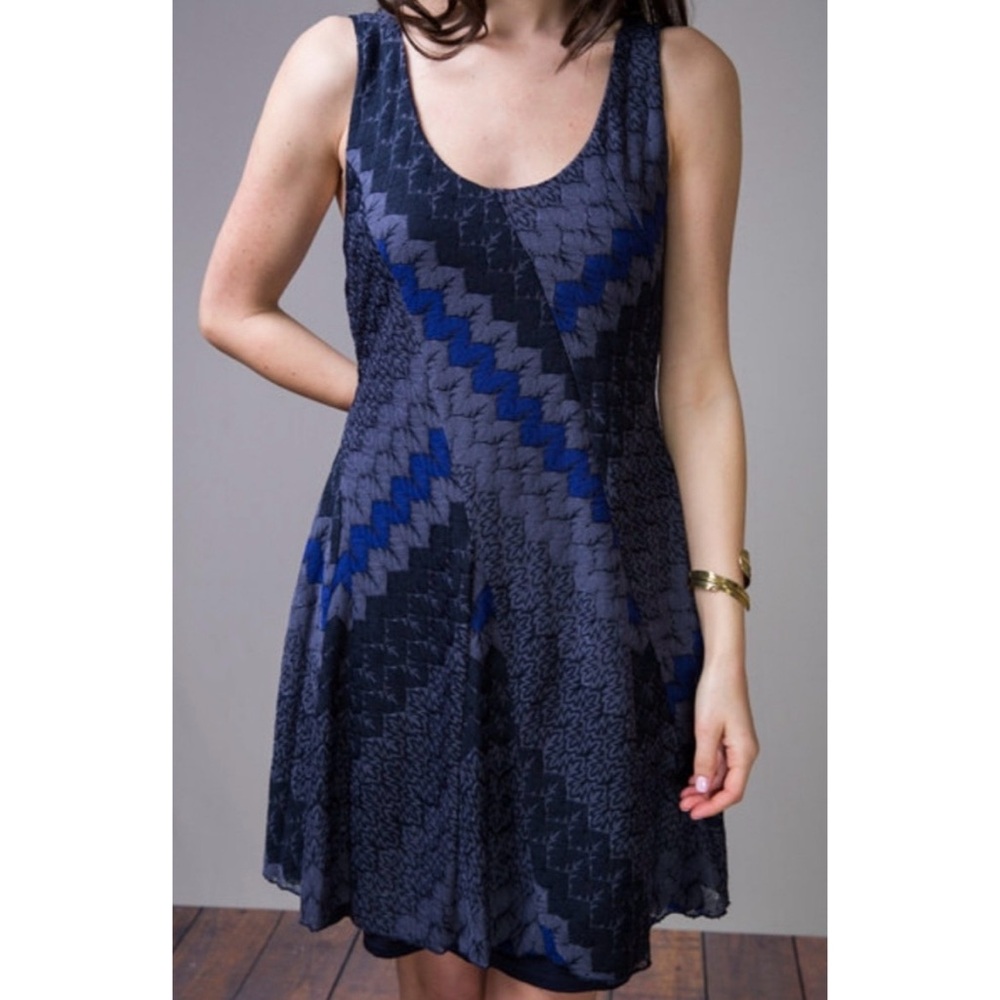 Free People My One & Only Swing Minidress Blue/Grey/Black Chevron L